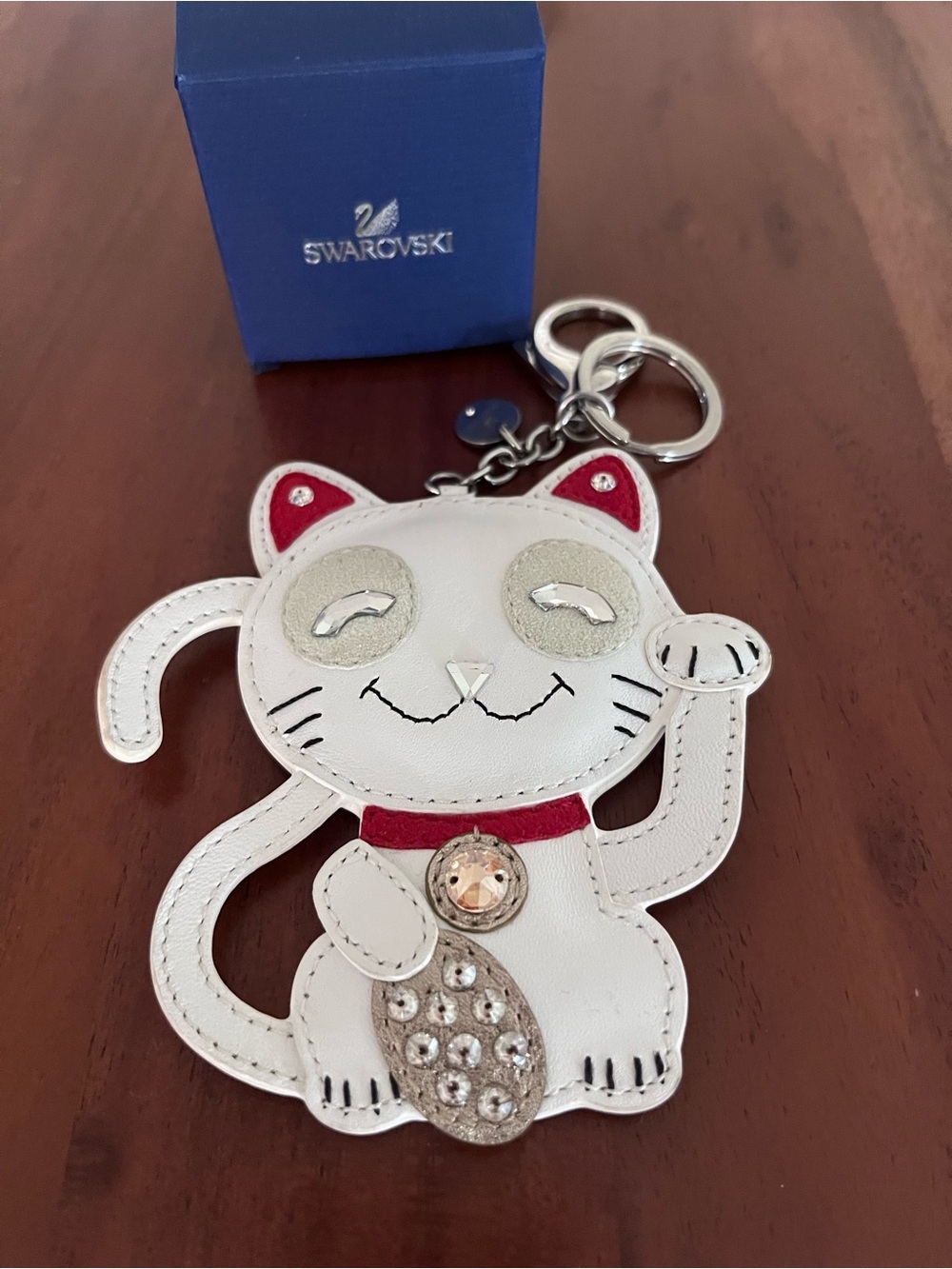 Rare Swarovski Crystal leather bag purse charm lucky cat Maneki Neko key chain - Picture 2 of 6